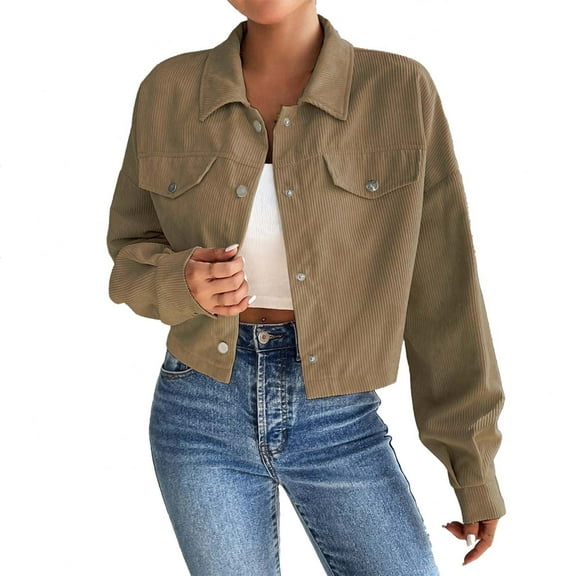 Womens Fashion Cropped Shackets - Trendy 2024 Corduroy Button Crop Jackets Tops Long Sleeve Lapel Neck Shirts Cardigan Sweaters Coat Outerwear Coffee L