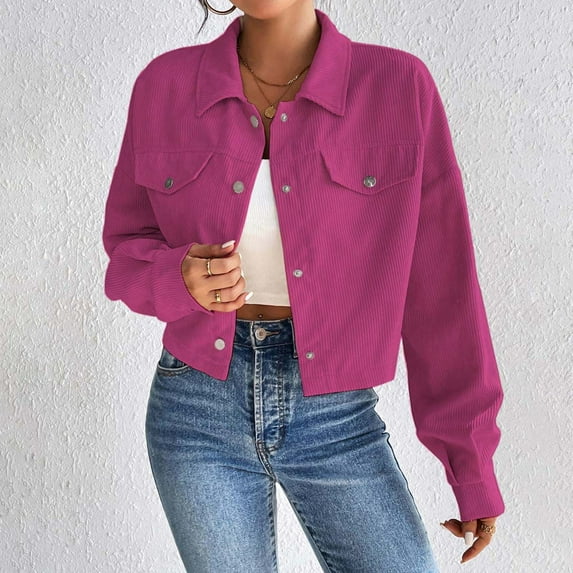 Womens Fashion Cropped Shackets - Trendy 2024 Corduroy Button Crop Jackets Tops Long Sleeve Lapel Neck Shirts Cardigan Sweaters Coat Outerwear Hot Pink XL