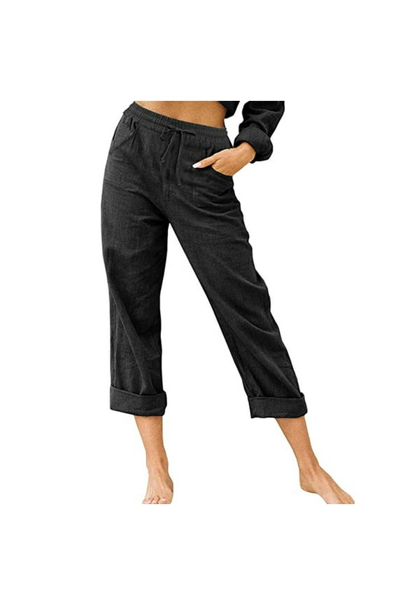 Womens Fashion Daily Comfy Leisure Cotton Linen Long Joggers Summer Trendy Olyvenn Women Casual Solid Color Pockets Bandage Elastic Waist Comfortable Straight Pants Black 8