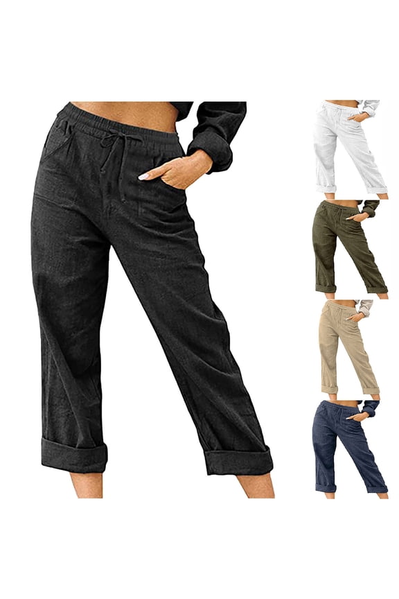 Womens Fashion Daily Comfy Leisure Cotton Linen Long Joggers Summer Trendy Olyvenn Women Casual Solid Color Pockets Bandage Elastic Waist Comfortable Straight Pants Army Green 4