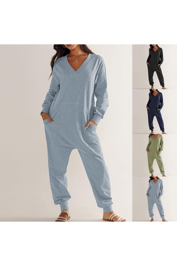 Womens Fashion Daily Comfy Leisure Jumpsuit Overalls Olyvenn Women's Stylish Solid Color Casual Loose Fitting Jumpsuit Long Sleeved V-neck Jumpsuit Casual Pajama Pocket Jumpsuit Army Green 4