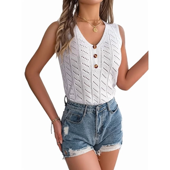 Womens Fashion Eyelet Embroidery Button Tank Summer Out Sleeveless Shirt Casual Hollow Vacation Tanks White M