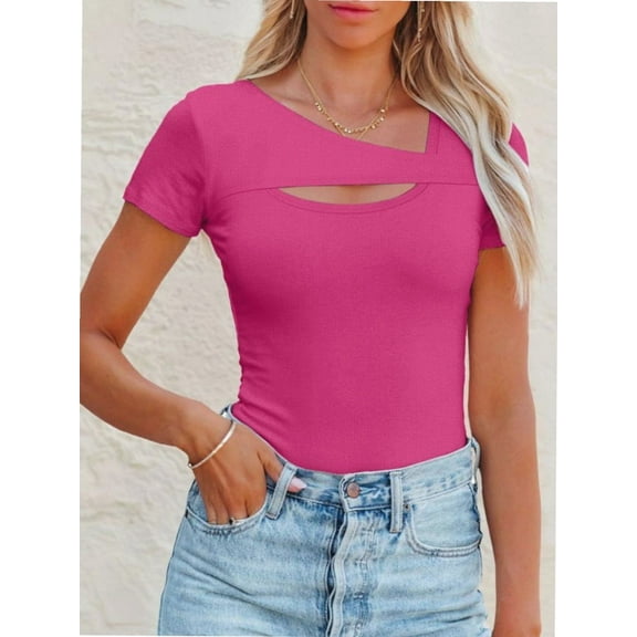 Womens Fashion Fall Clothes One Piece Cutout Tops short Sleeve Slim Fitted Shirts Tee Tshirts
