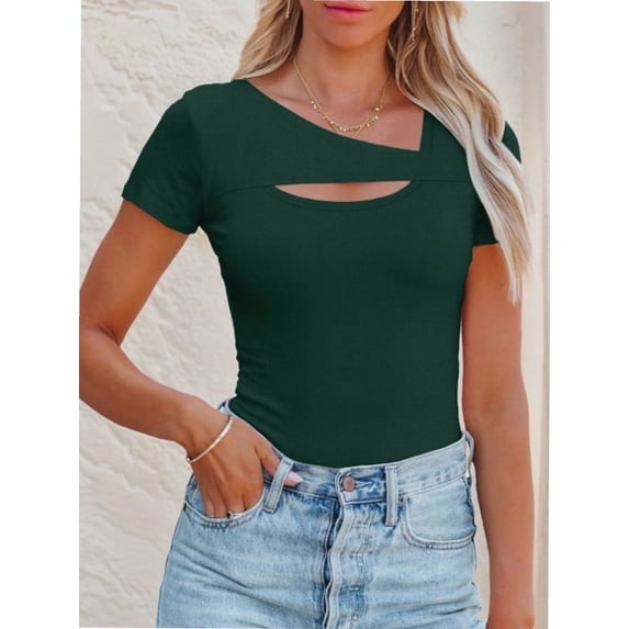 Womens Fashion Fall Clothes One Piece Cutout Tops short Sleeve Slim Fitted Shirts Tee Tshirts