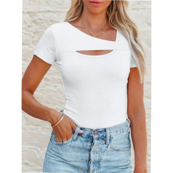 Womens Fashion Fall Clothes One Piece Cutout Tops short Sleeve Slim Fitted Shirts Tee Tshirts