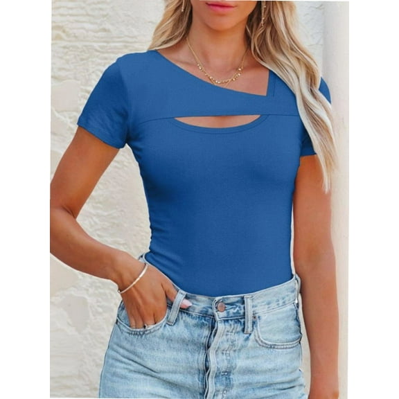 Womens Fashion Fall Clothes One Piece Cutout Tops short Sleeve Slim Fitted Shirts Tee Tshirts