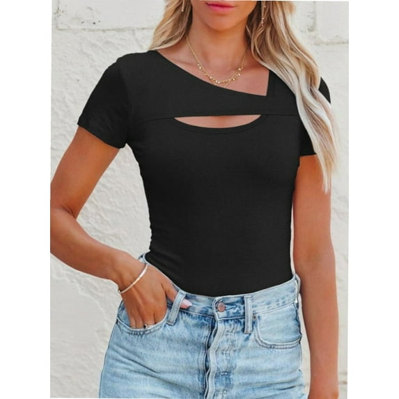 Womens Fashion Fall Clothes One Piece Cutout Tops short Sleeve Slim Fitted Shirts Tee Tshirts