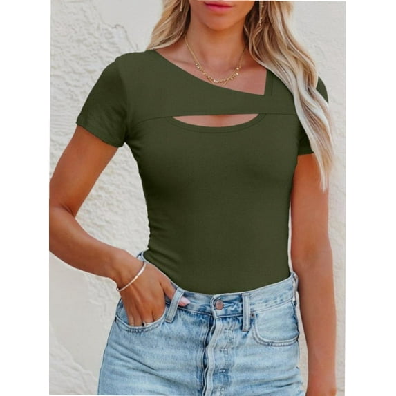 Womens Fashion Fall Clothes One Piece Cutout Tops short Sleeve Slim Fitted Shirts Tee Tshirts