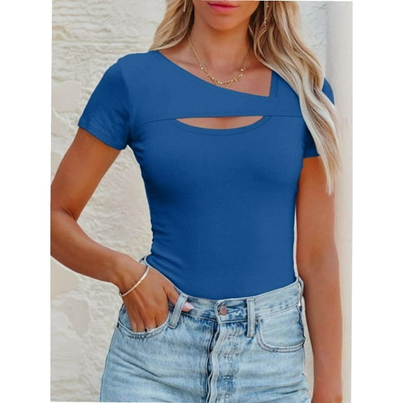 Womens Fashion Fall Clothes One Piece Cutout Tops short Sleeve Slim Fitted Shirts Tee Tshirts