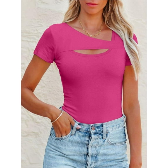 Womens Fashion Fall Clothes One Piece Cutout Tops short Sleeve Slim Fitted Shirts Tee Tshirts