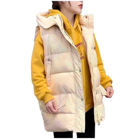 BVnarty Solid Color Shacket Jacket Women Hooded Neck Sleeveless Winter Coats Warm Pocket Zipper Buttons Long Vest Fall Fashion Women Tops Sueras Mujer Beige XL