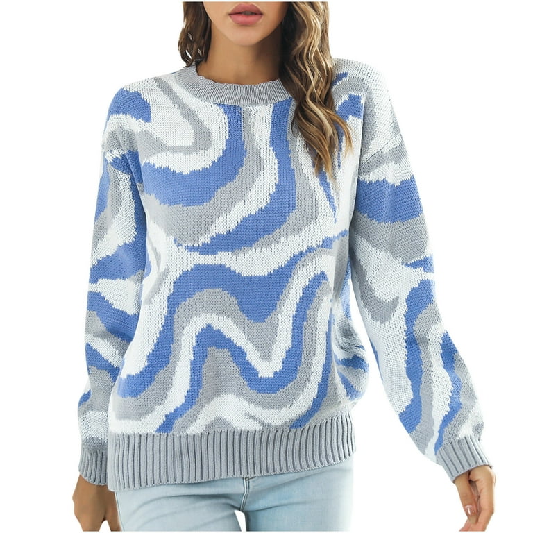 Womens Fashion Fall Deals ! BVnarty Sweaters for Women Long Sleeve Fashion  Warm Loose Casual Soft Fall Winter Pullover Sweater Oversized Sweaters  Knitting Jumper Printed Crewneck Blue M 