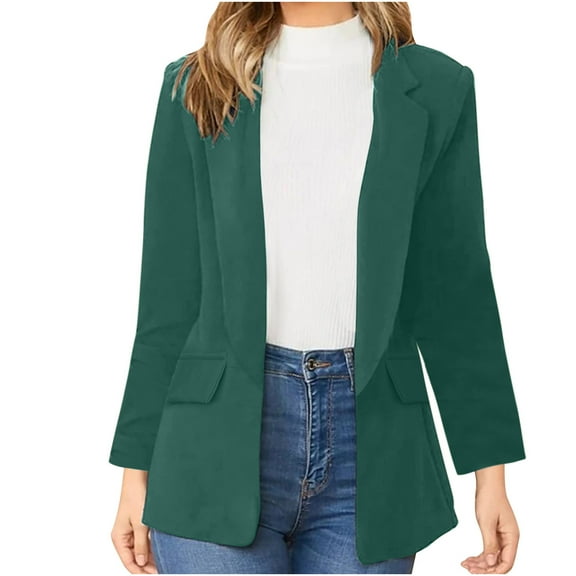 BVnarty Women's Business Coat Solid Color Suit Neck Long Sleeve Office Open Front Cardigans Suit Jacket Overcoat for Elegant Ladies Green M
