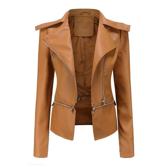 BVnarty Women's Jacket Coat Solid Color Plus Size Shacket Jacket Casual Lapel Long Sleeve Zipper Leather Motor Jacket Cropped Tops Winter Fashion Top Lightweight Gold XXL