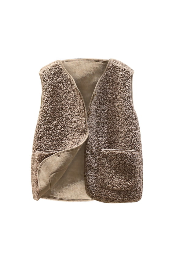 Women's Winter Sleeveless Wool Vest Coat Short Jacket Fleece Button Down Solid Color Warm Plush Outerwear with Big Pockets Khaki XL