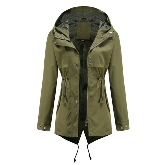 Womens Fashion Fall Deals Clearance Women's Jacket Coat Shacket Jacket Casual Plus Size Long Sleeve Solid Color Lightweight Hooded Neck Waterproof Drawstring Pocket Winter Fashion Top Army Green M