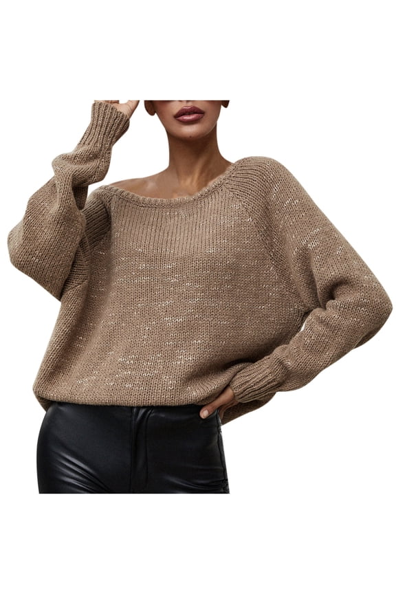 Womens Fashion Fall Sweaters for Women Solid Color One Shoulder Neck Fashion Loose Casual Knitted Top Fall Winter Pullover Sweater Long Sleeve Oversized Sweaters Knitting Jumper Khaki XL