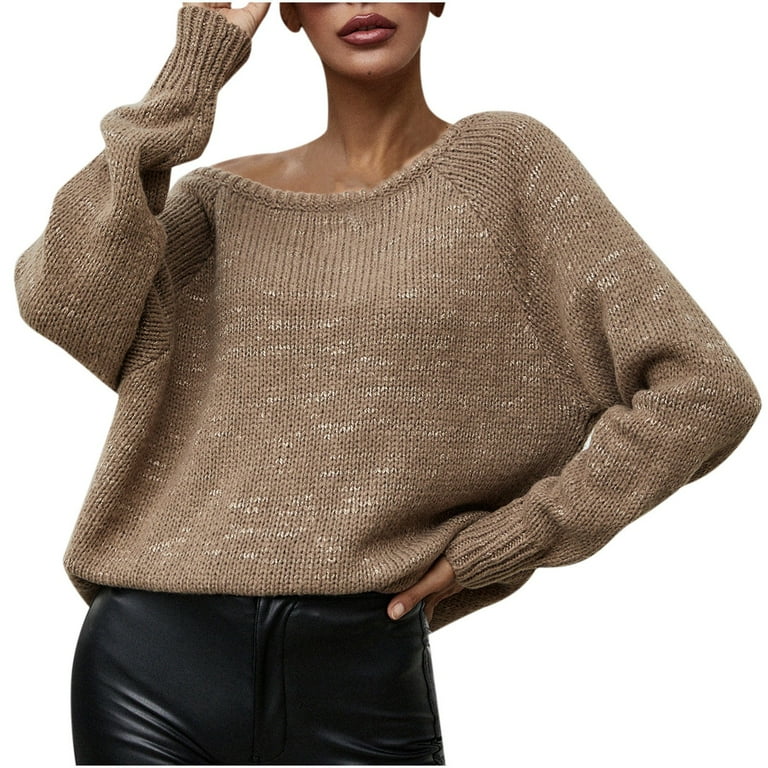 Womens Fashion Fall Deals Sweaters for Women Solid Color One Shoulder Neck Fashion Loose Casual Knitted Top Fall Winter Pullover Sweater Long Sleeve Oversized Sweaters Knitting Jumper Khaki XL Walmart...