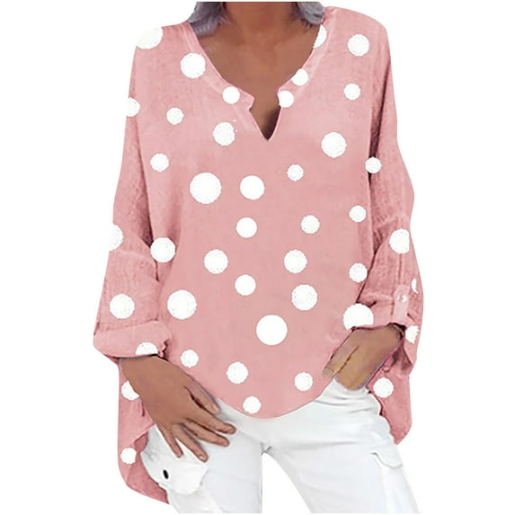 Womens Fashion Fall Deals Womens Tops V-Neck Tunic Tops Swing Hem Long Tops Comfy Casual Long Sleeve Polka Dots Plus Size Blouses Clothes Sets for Girlfriend Wife Fashion Oversized Pullover Pink S