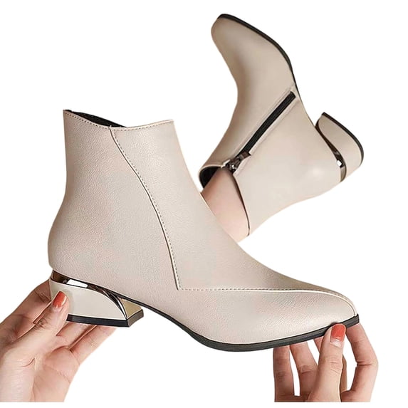 Womens Fashion Fall Winter Pointed Toe Chunky Low Heel Slip On Ankle Booties Side Zip Warm Comfortable Boots Business Dress Boots