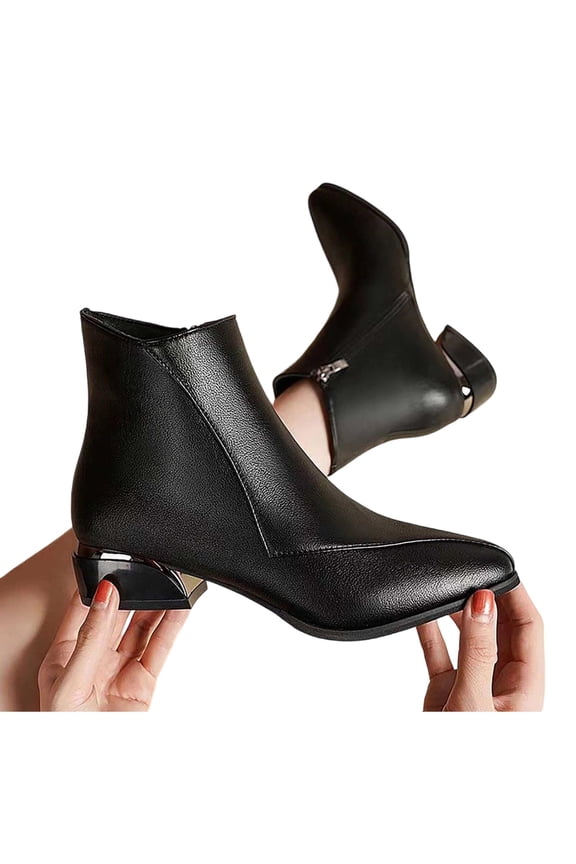 Womens Fashion Fall Winter Pointed Toe Chunky Low Heel Slip On Ankle Booties Side Zip Warm Comfortable Boots Business Dress Boots