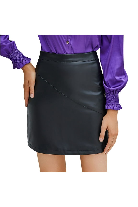 Womens Fashion Faux Leather Short Skirt Zip A-Line Hip Skirt Casual High Waist Stretch Mini Skirt for Cocktail Club