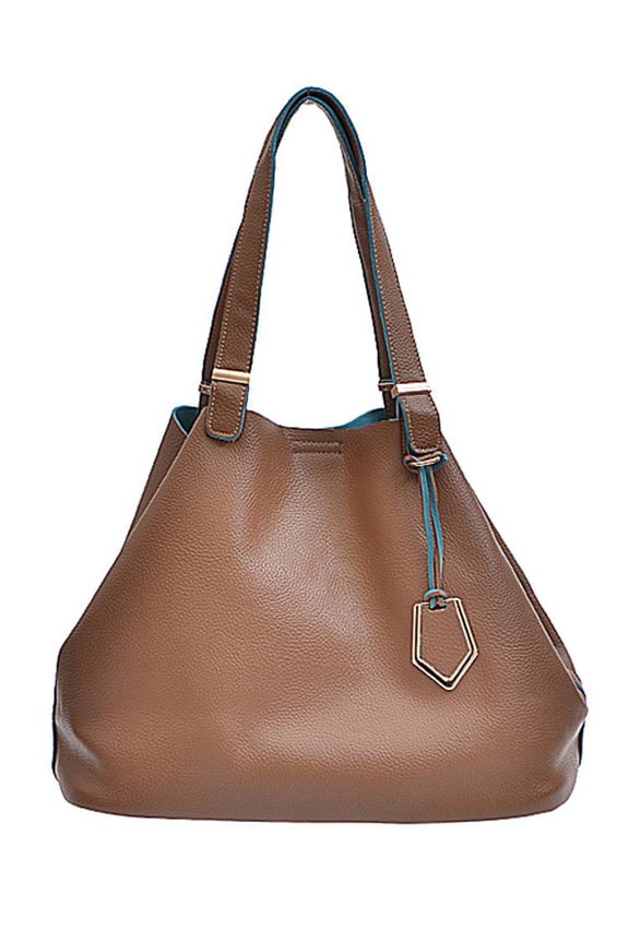 Womens Fashion Faux Leather Tote Bag w/ Removable Leather Pouch - Khaki