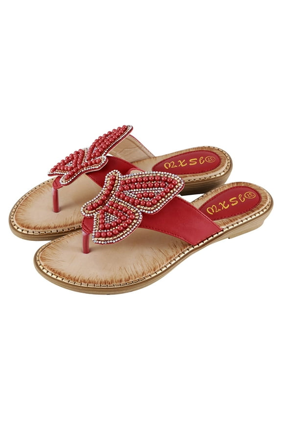 Womens Fashion Flats Pearls Rhinestones Butterfly Beach Sandals Comfort Thong Sandals Summer Casual Flip Flops