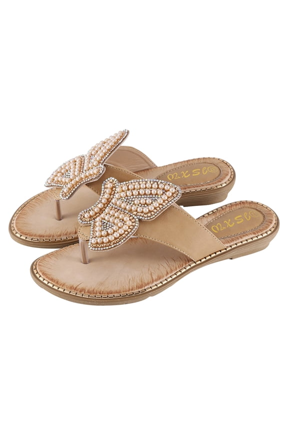 Womens Fashion Flats Pearls Rhinestones Butterfly Beach Sandals Comfort Thong Sandals Summer Casual Flip Flops