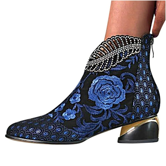 Womens Fashion Floral Embroidery Cowboy Boots Chunky Heel Almond Toe Ankle Boots Western Cowgirl Rhinestone Booties