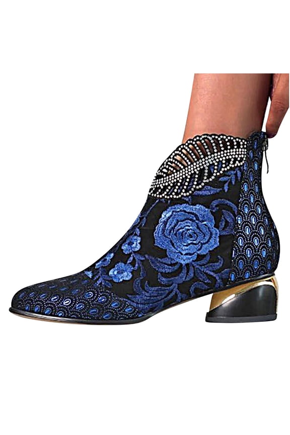 Womens Fashion Floral Embroidery Cowboy Boots Chunky Heel Almond Toe Ankle Boots Western Cowgirl Rhinestone Booties