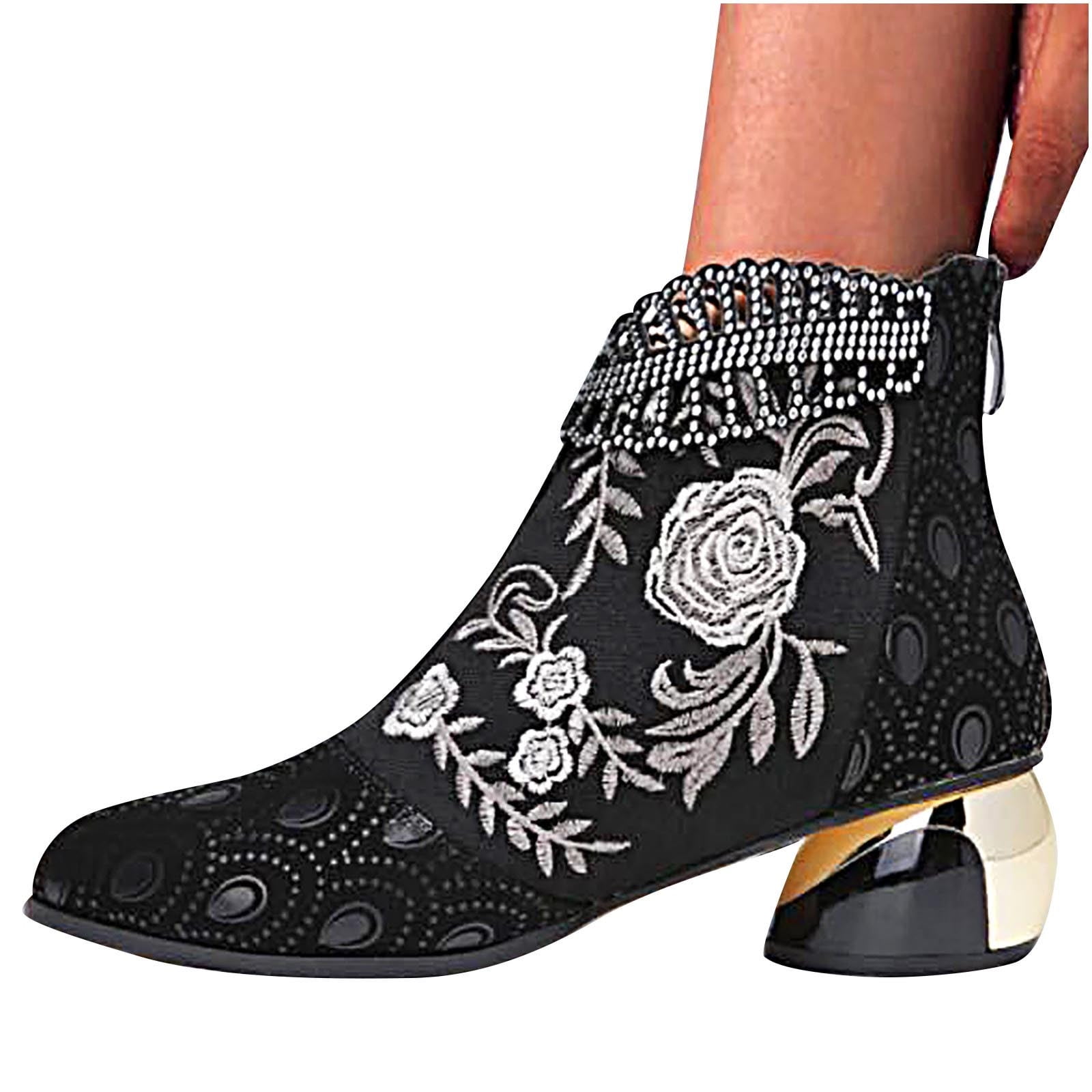 Womens Fashion Floral Embroidery Cowboy Boots Chunky Heel Almond Toe ...