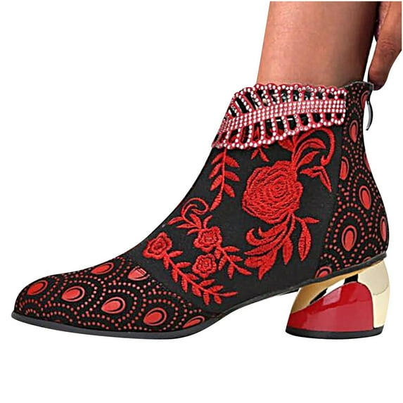 Womens Fashion Floral Embroidery Cowboy Boots Chunky Heel Almond Toe Ankle Boots Western Cowgirl Rhinestone Booties