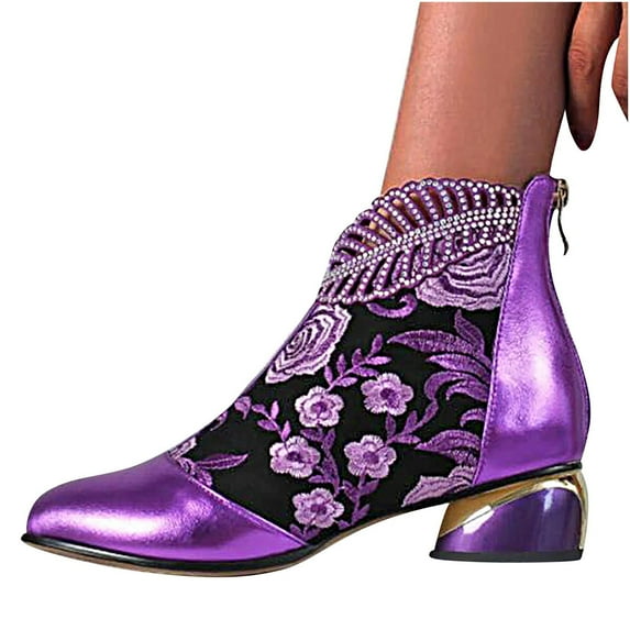Womens Fashion Floral Embroidery Cowboy Boots Chunky Heel Almond Toe Ankle Boots Western Cowgirl Rhinestone Booties