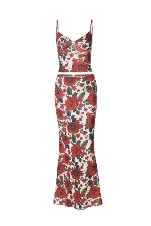 Womens Fashion Floral V Neck Sleeveless Bodycon Maxi Dress Set Matching Two Piece Outfit Red M