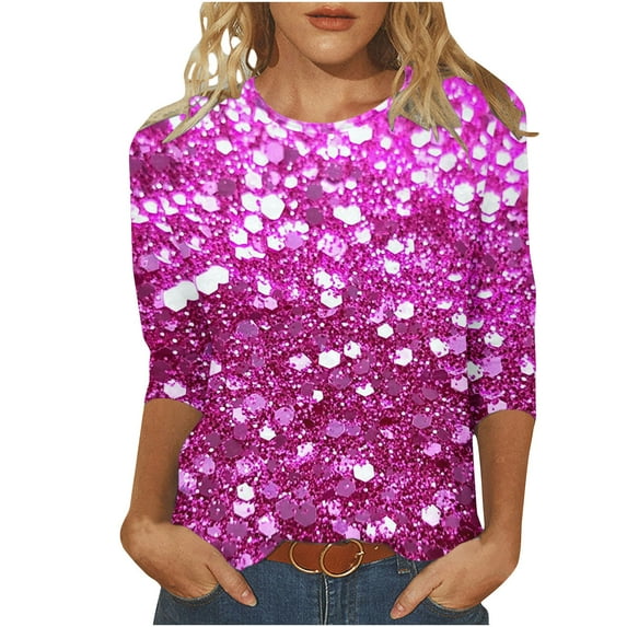Womens Fashion Glitter Tops Summer Plus Size 3/4 Sleeve Tshirts Fashion Crewneck Sequins Tunic Tees