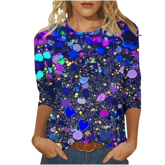Womens Fashion Glitter Tops Summer Plus Size 3/4 Sleeve Tshirts Fashion Crewneck Sequins Tunic Tees