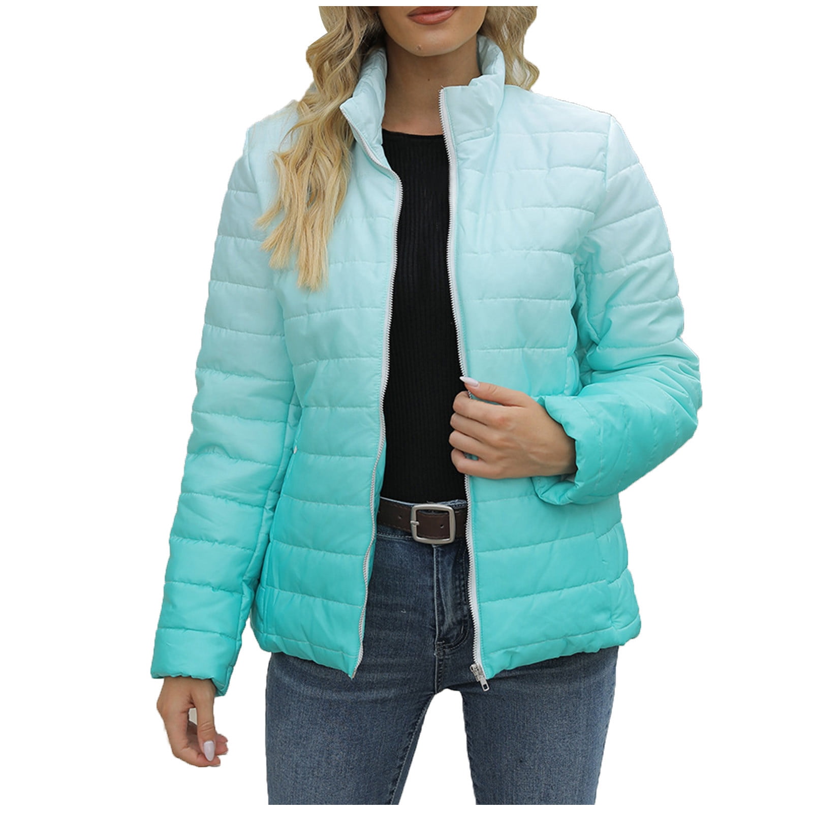 Womens Fashion Gradient Color Down Jacket Long Sleeve Lightweight