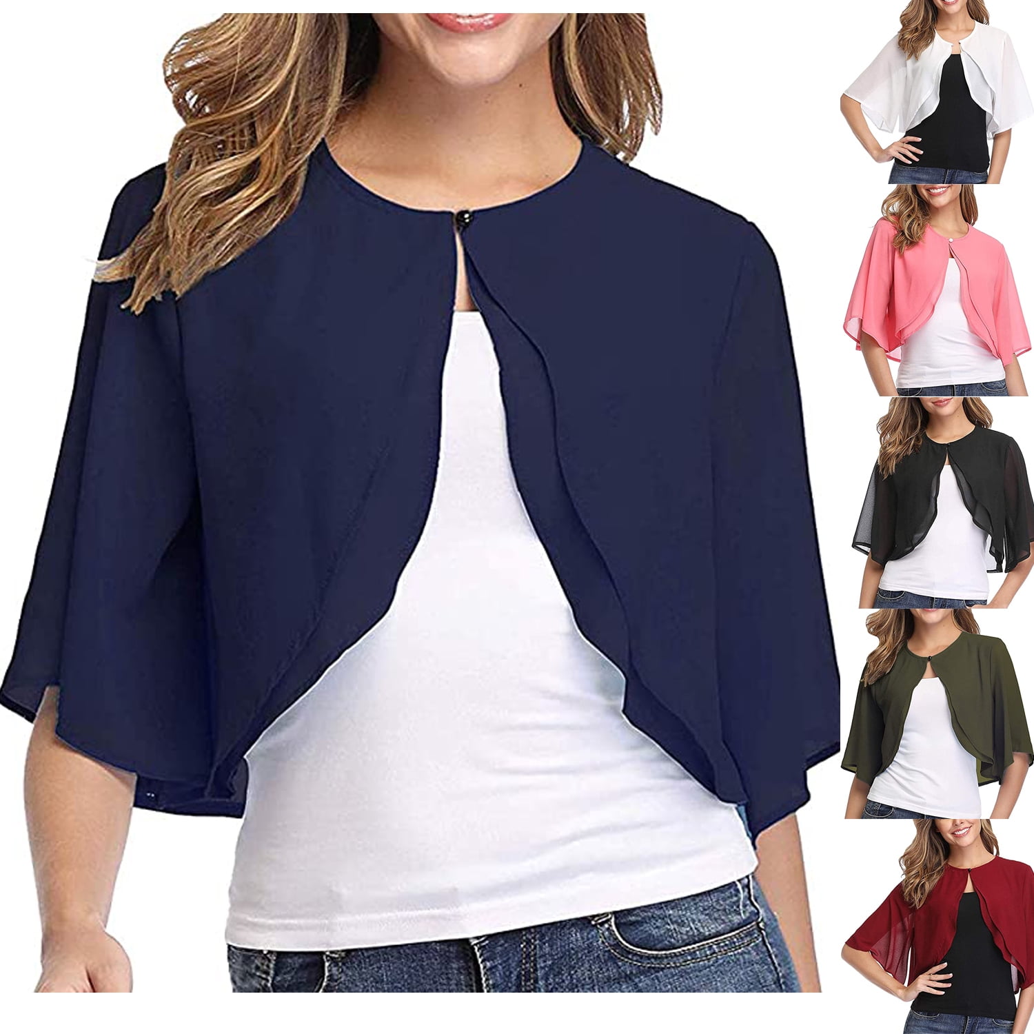 Womens Fashion Half Sleeve Layered Open Front Loose Sheer Bolero Chiffon Shrug Cardigan Top For Wedding Party Dress Cover Up Navy Blue L