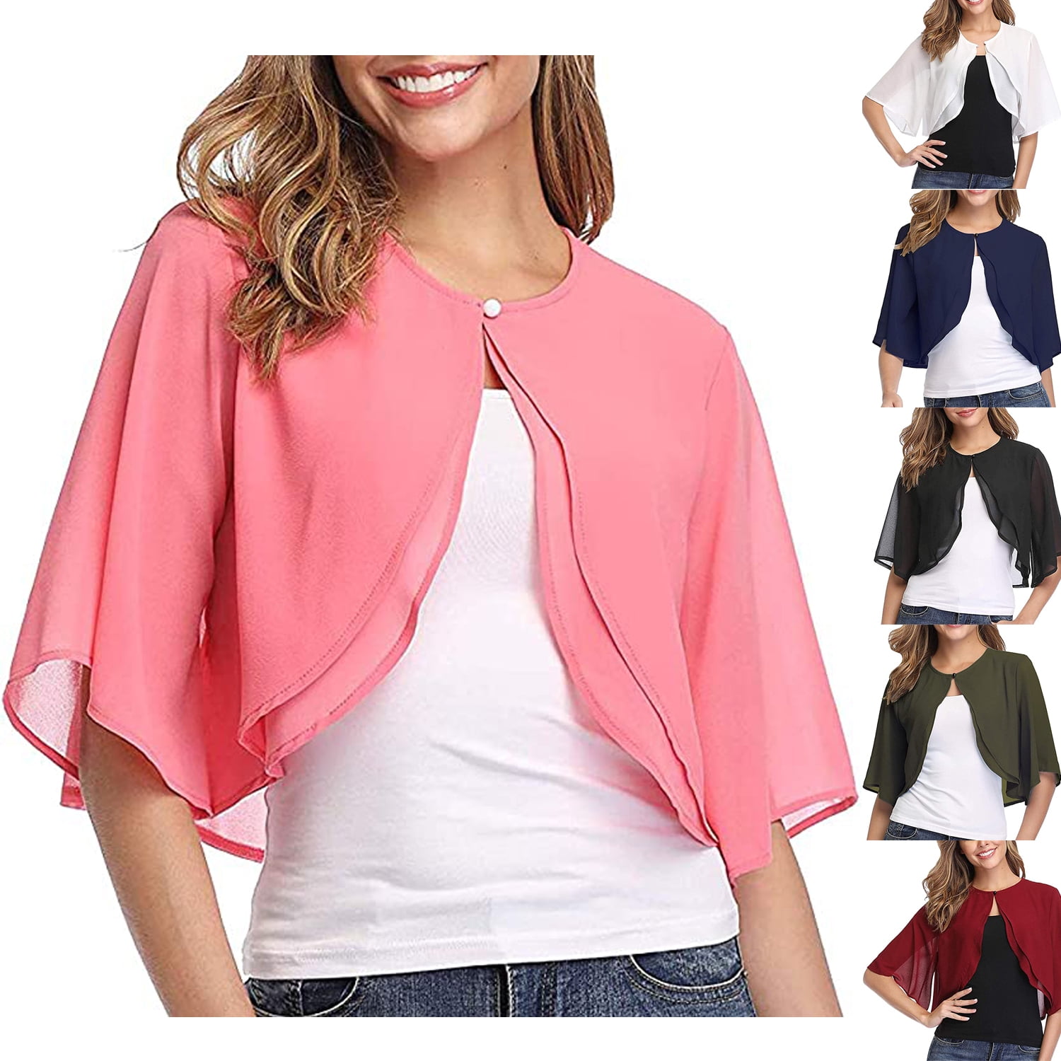 Women s Underarm Chiffon Short Sleeve Front Open Bolero Cardigan Outerwear Scarf Evening Wedding Cape Shirt Tops Pink XL Walmart