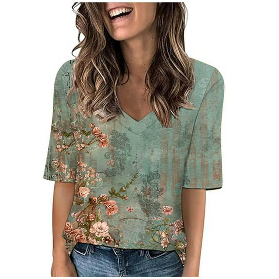 Womens Fashion Half Sleeve Tops Casual V Neck Summer Shirts Loose Fit Elbow Length Sleeve Blouses