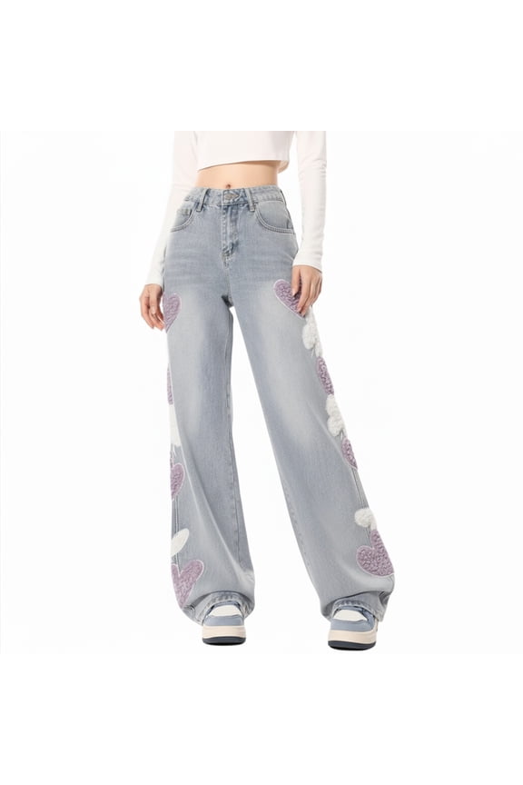 Womens Fashion High Waisted Jeans Heart Patch Straight Leg Loose Drapey Floor Length Denim Casual Long Trousers Graphic Print Baggy Jeans