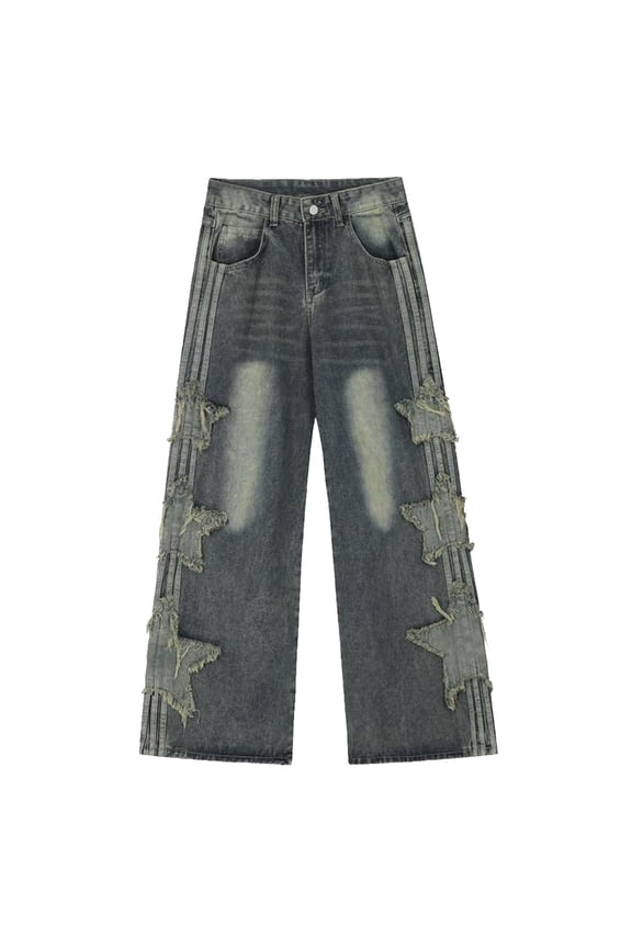 Womens Fashion High Waisted Jeans Star Patch Straight Leg Loose Drapey Floor Length Denim Casual Long Trousers Baggy Jeans for Women Trendy
