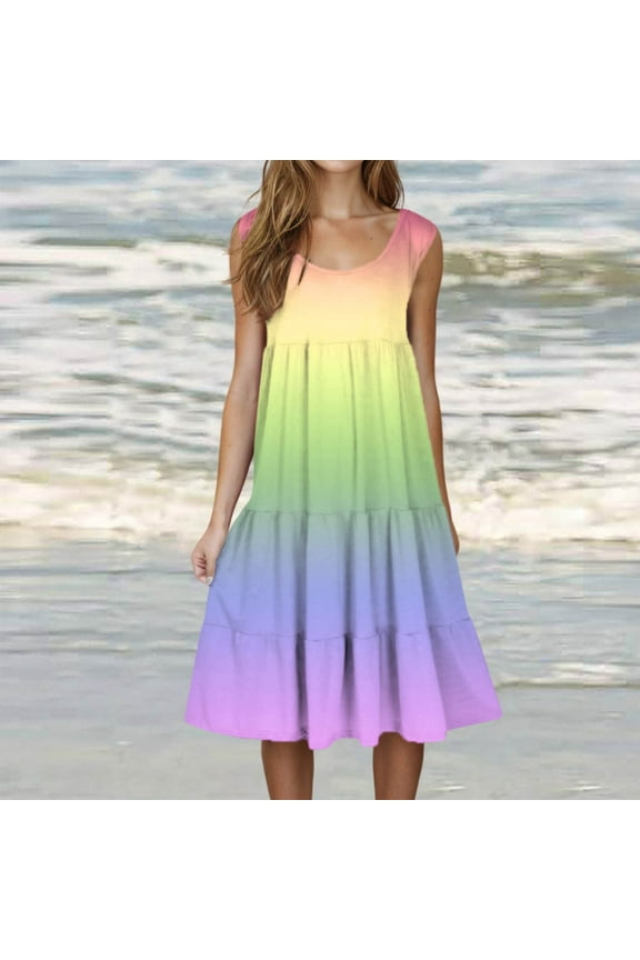 Womens Fashion Holiday Summer Round Neck Gradient Print Sleeveless Party Beach Dress