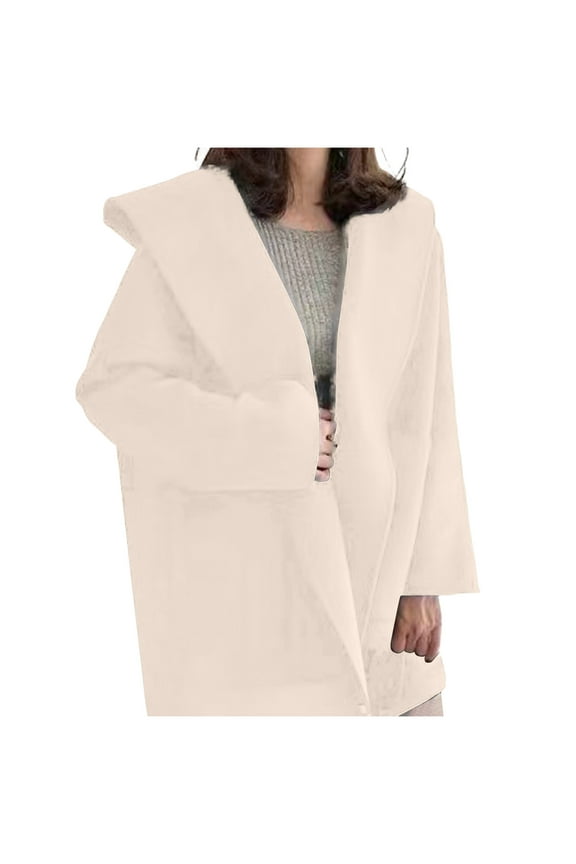 Womens Fashion Hooded Coat Oversized Wool Blend Jacket Cardigans with Pockets Soft Warm Open Front Sweater Outerwear (X-Large, White)