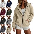 thumbnail image 1 of Womens Fashion Hooded Windbreaker Drop Shoulder Drawstring Adjustable Drawstring Hem Solid Color Casual Jacket with Pockets, 1 of 9