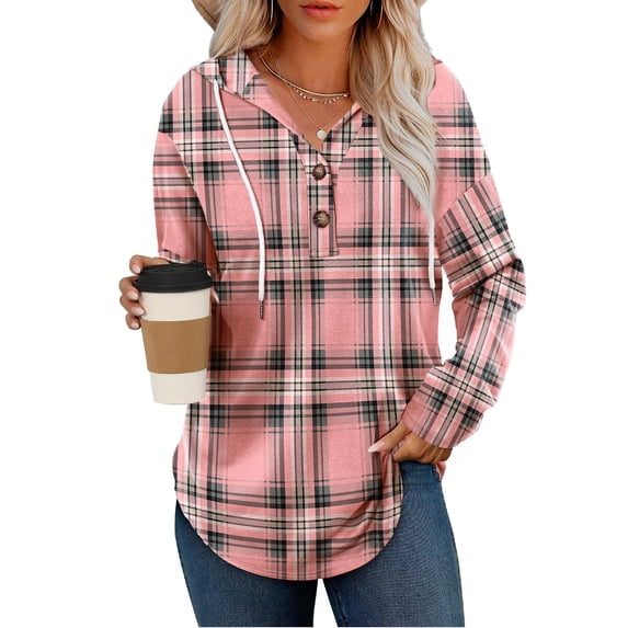 Womens Fashion Hoodies Pullover, Drawstring Hooded Sweatshirt, V-Neck Button Long Sleeve Fall Plaid Shirts with Hood