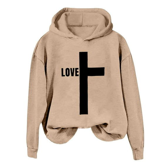 Womens Fashion Hoodies Sweatshirts Love Letter Cross Graphic Long Sleeve Pullover Hooded Shirt Tops