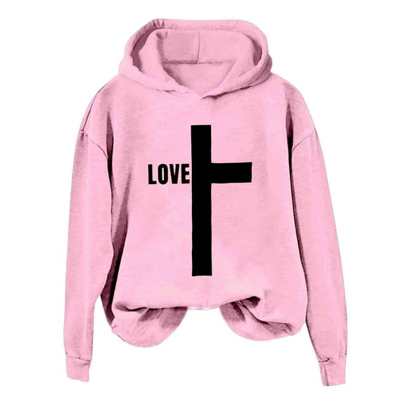 Womens Fashion Hoodies Sweatshirts Love Letter Cross Graphic Long Sleeve Pullover Hooded Shirt Tops