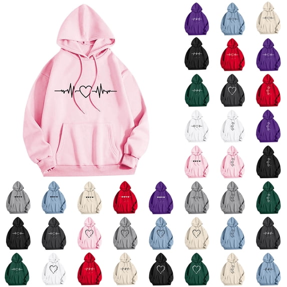 Womens Fashion Hoodies Sweatshirts with Pocket Long Sleeve Printed Casual Loose Crew Neck Hooded Sweatshirts Comfy Trendy Pullover Tops Pink#04 L